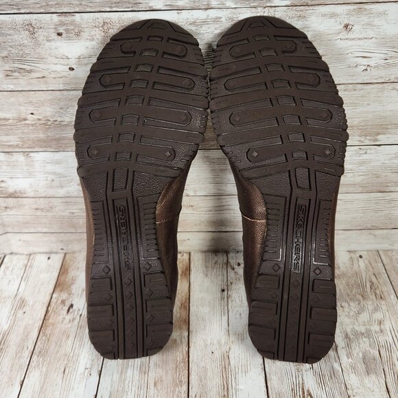 SKECHERS Originals Bikers Women's 9 Bronze Brown Leather Slip-On Peep Toe Flats - Picture 8 of 9